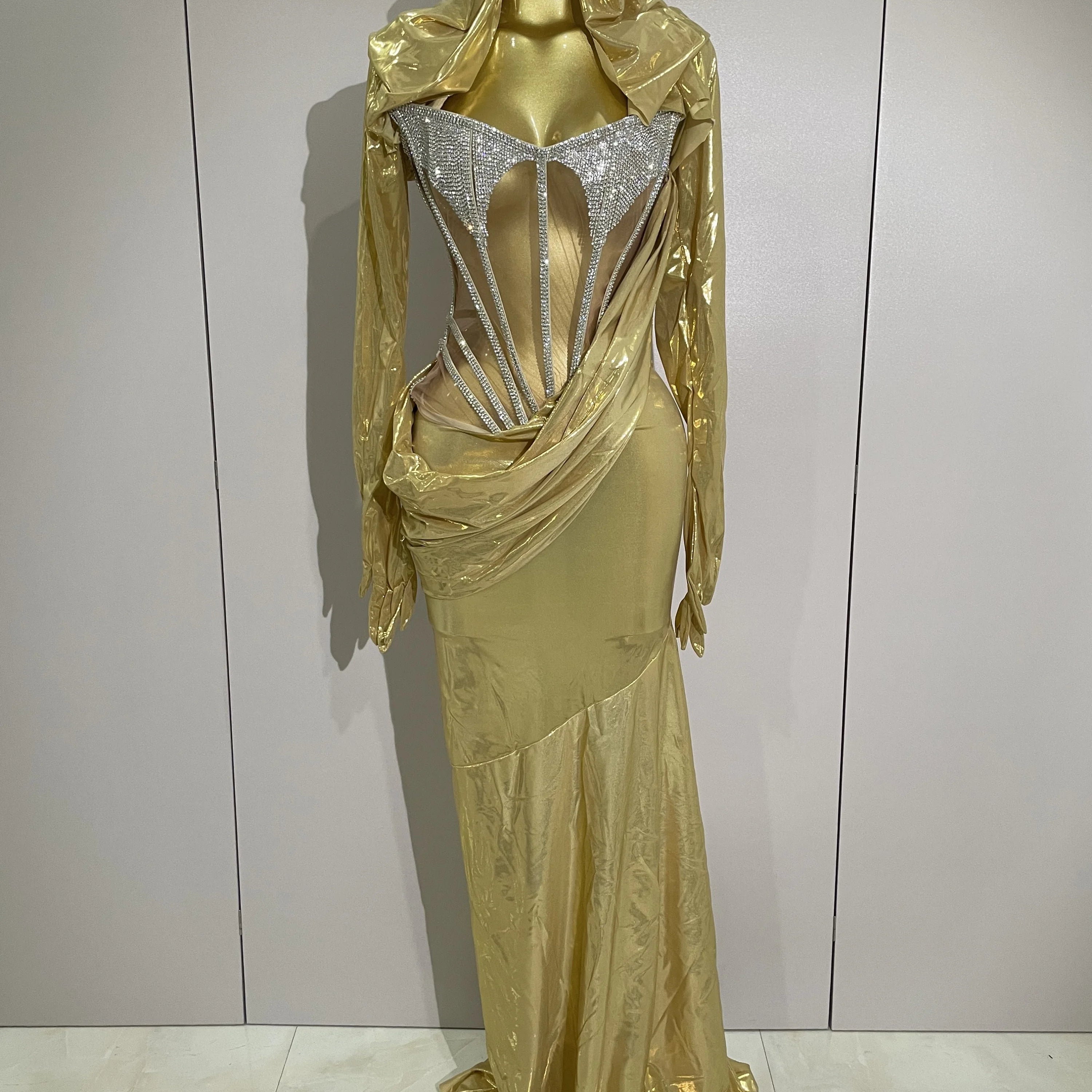 Sexy Sparkly Diamond Long Dress Two Pieces Sets Women Nightclub Party Celebrate Dance Singer Performance Costume Stage Outfit Gold