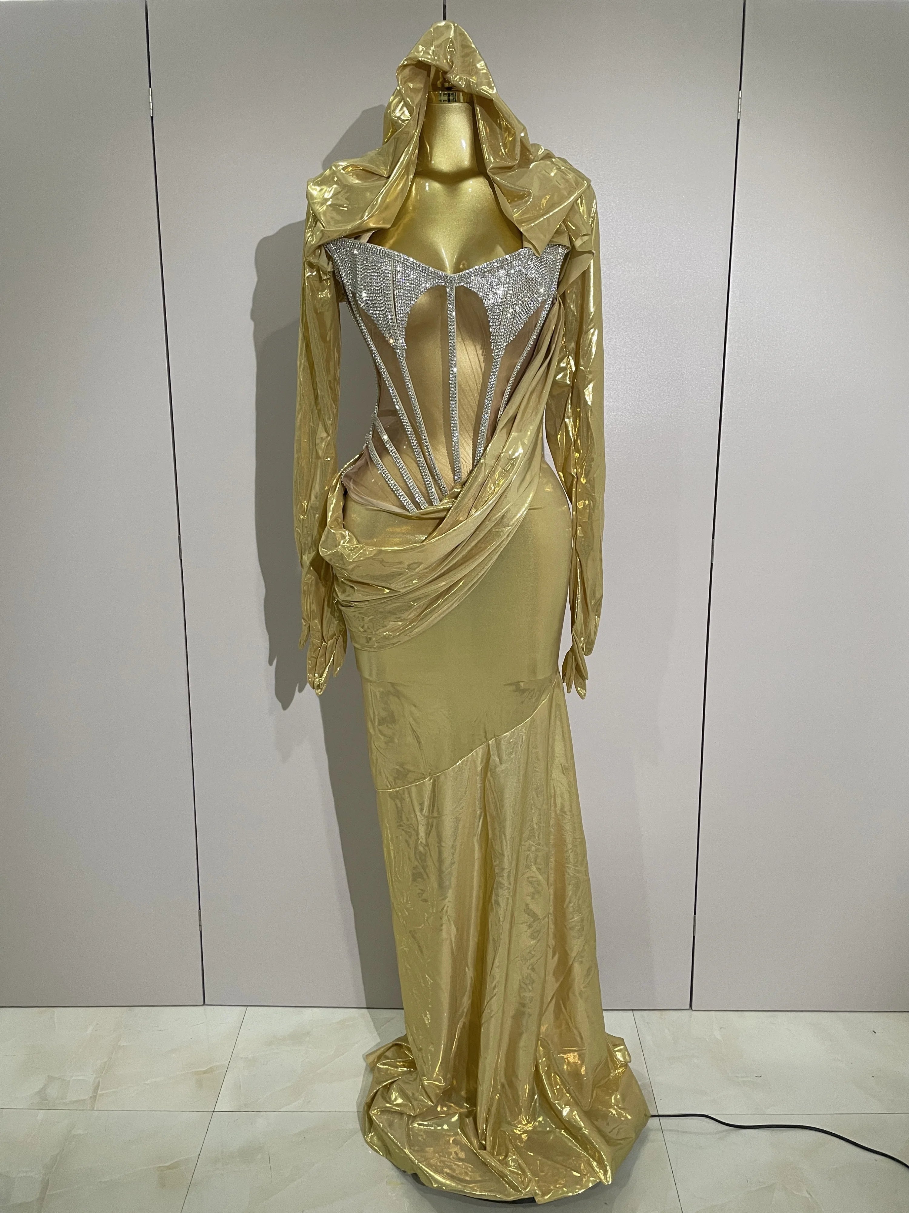 Sexy Sparkly Diamond Long Dress Two Pieces Sets Women Nightclub Party Celebrate Dance Singer Performance Costume Stage Outfit Gold