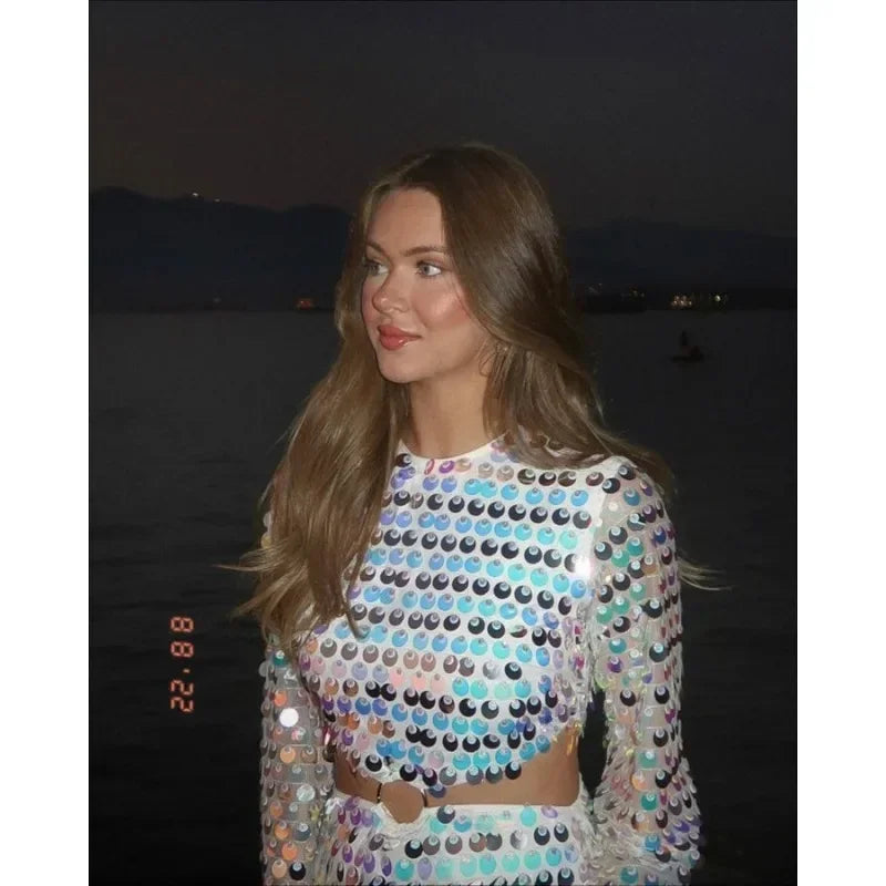Spring Summer New Dress Women's Fashion Solid Color Sequined Flare Sleeve Dress Women's Sexy O-Neck Irregular Mini Dress