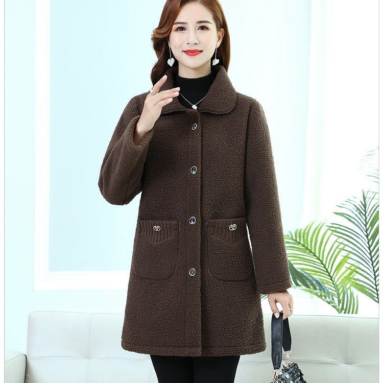 Winter Middle-Age Elderly Women's Clothing Thicken Imitation Lamb Wool Coat Mother's Mid-Length Granular Velvet Coat XL-6XL Auburn