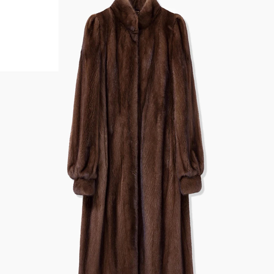 Lautaro Winter Long Luxury Elegant Stylish Thick Warm Fluffy Soft Brown Faux Mink Fur Coat Women Puff Sleeve Stand Collar 2025 Brown