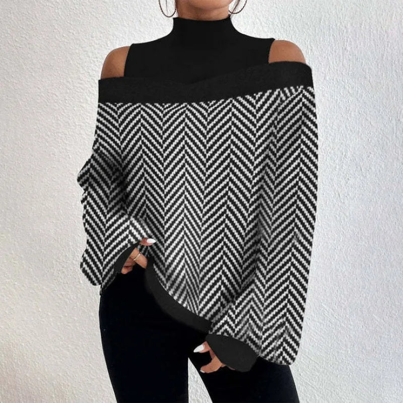 2024Ladies Long Sleeve Turtleneck Tops Women Sexy Off Shoulder Hollow Out Loose Printing T-shirt Autumn Fashion T-shirt Top 7
