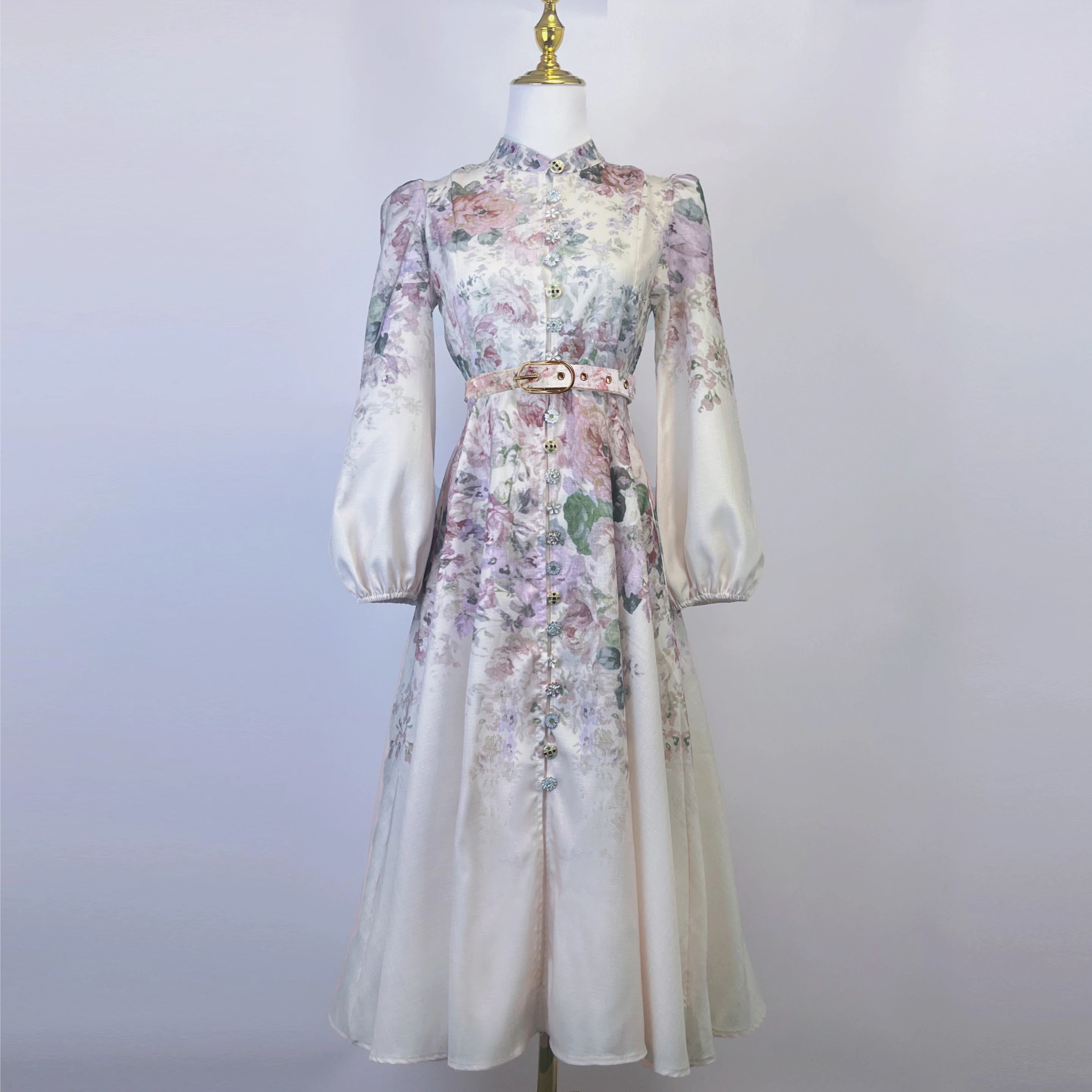 Real Shot Spot Australian Design Single-Breasted Sleeve Cotton Linen Spring And Summer New Midi Dress With Bel Apricot color