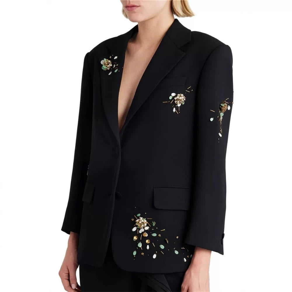 Spliced Bead Two Piece Sets for Women Lapel Long Sleeve Patchwork Single Breasted Top High Waist Skirt Set Female