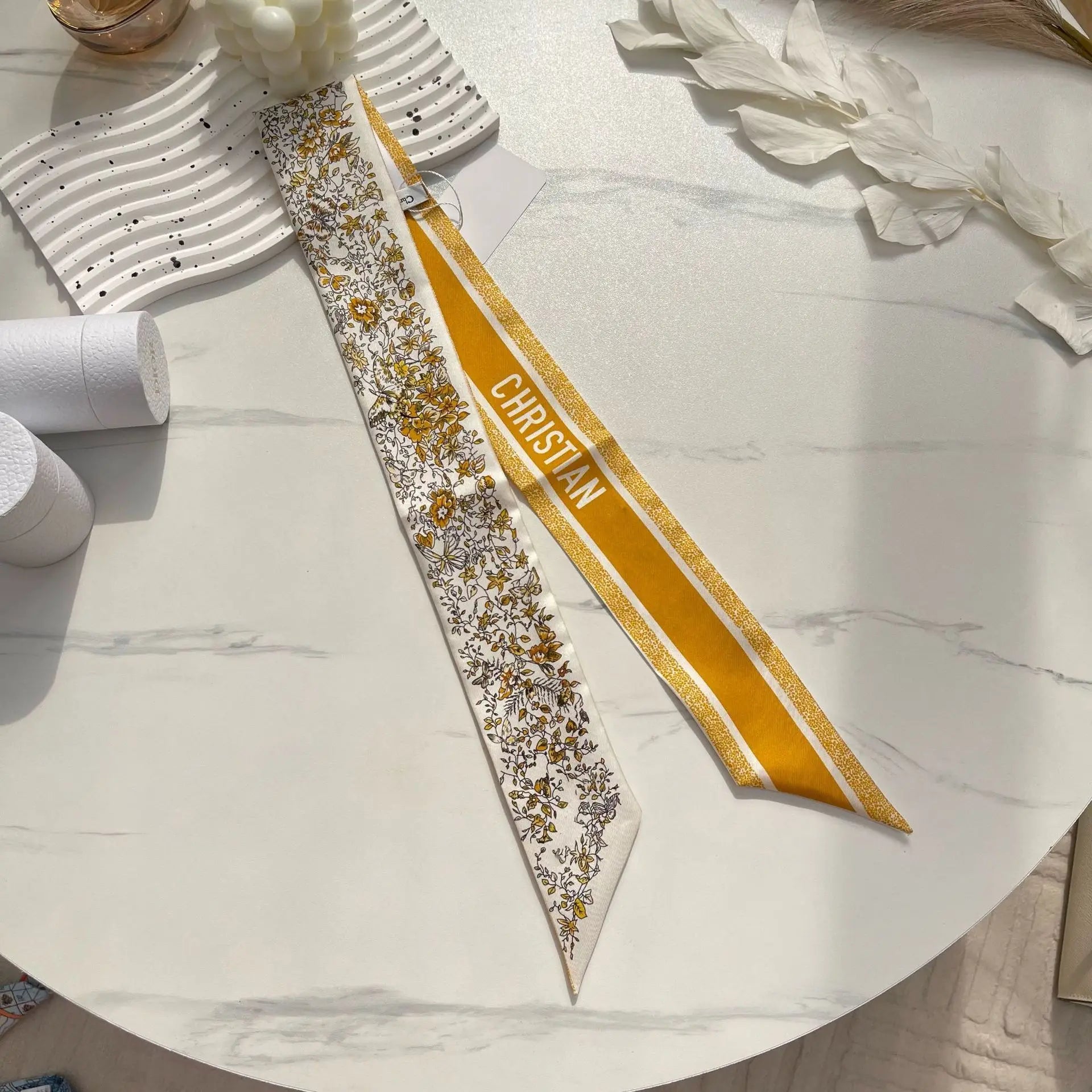 Brand CD Butterfly Around the World Women's Ribbon Scarf Twill Silk Mulberry Silk Long Small Silk Scarf Neckerchief Bags Tie HD yellow