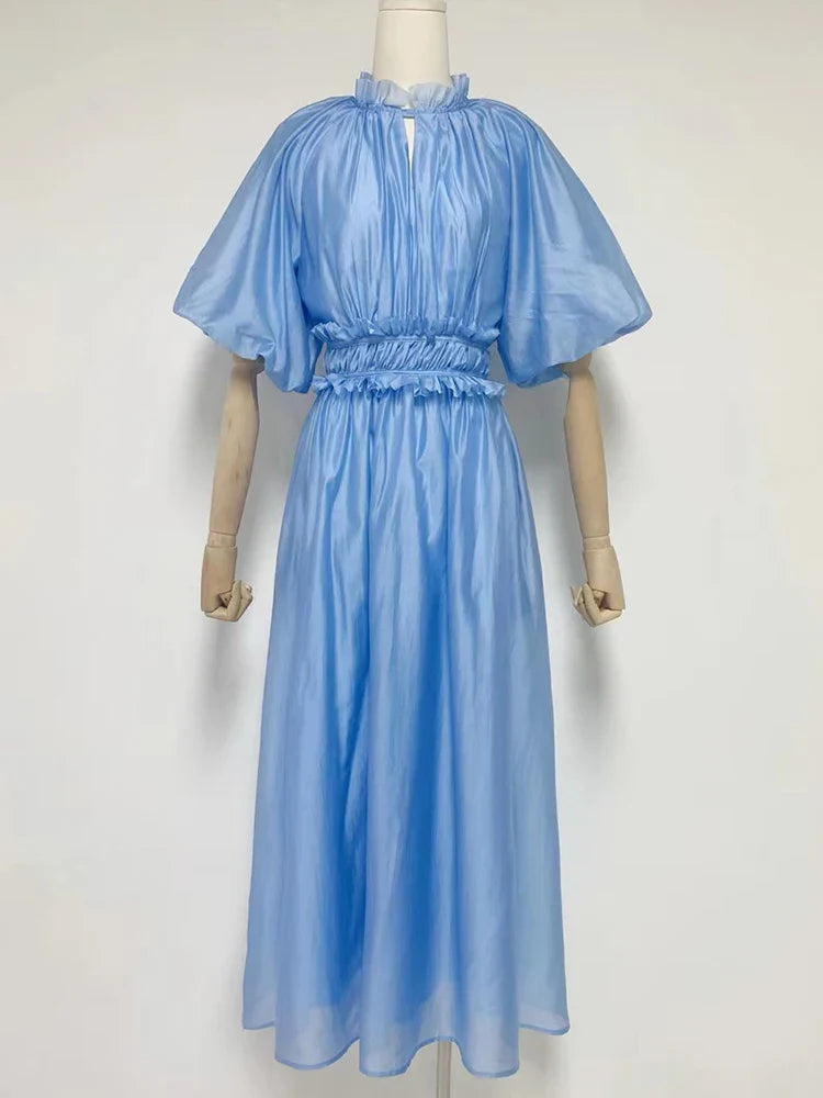 VGH Tie Dye Slim Dress Female Stand Collar Puff Half Sleeve High Waist Spliced Ruffles A Line Long Dresses Female Summer Clothes