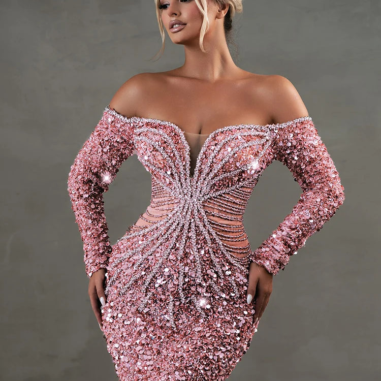 Pink Sparkly Sequins Long Dress Pearls Chains Design Off the Shoulder Long Sleeves Formal Occasion Mermaid Party Evening Gown