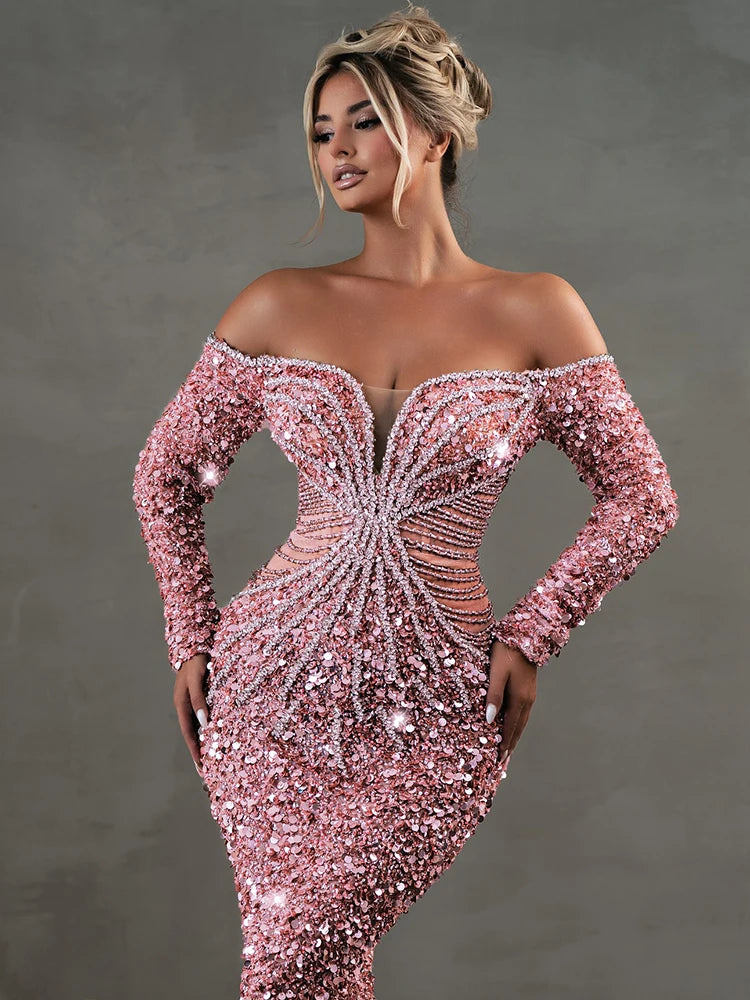 Pink Sparkly Sequins Long Dress Pearls Chains Design Off the Shoulder Long Sleeves Formal Occasion Mermaid Party Evening Gown