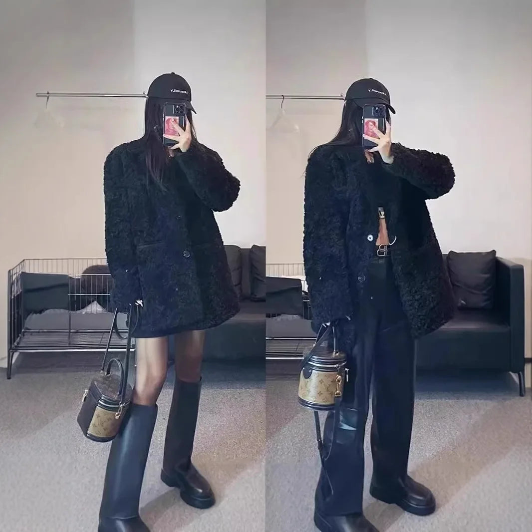 New Winter Hot Sale Of The Season Women's Thickened Loose Suit Collar Lamb Fur Jacket Medium Length Coat Fake Fur Mixed Fur Coat