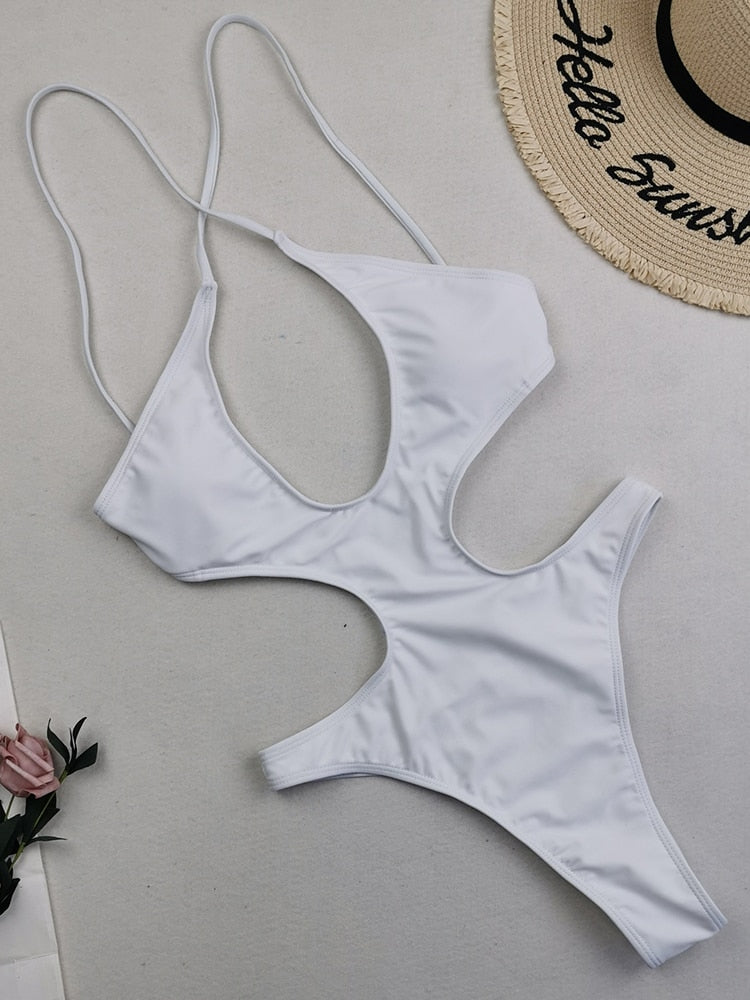 Sexy Solid Hollow Out One Piece Swimsuit White