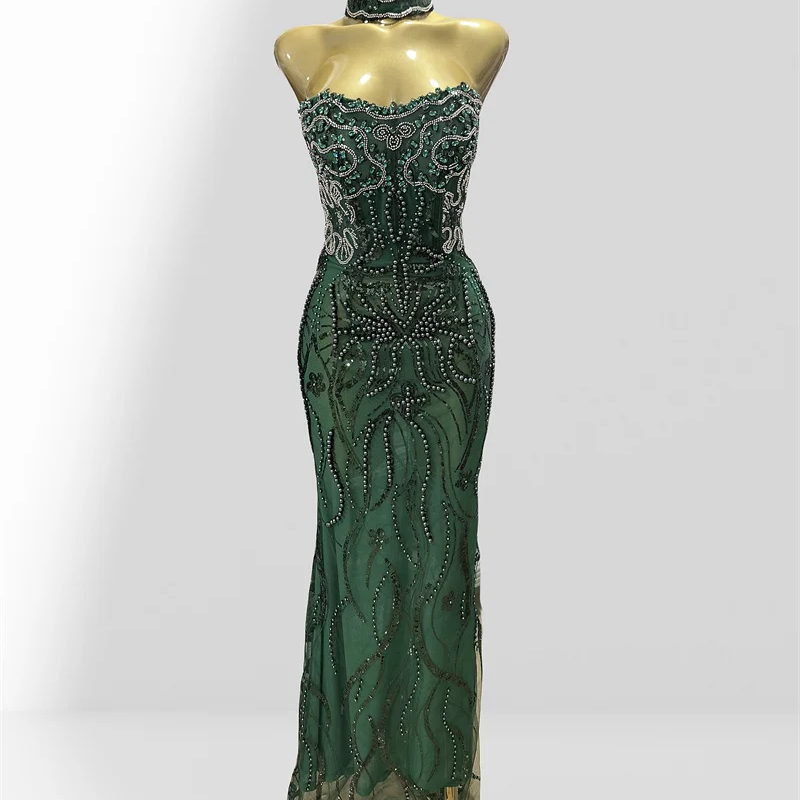 Luxury Green Women Gown Dress Celebrity Birthday Vestido Sparkling Diamond Pearl Beading Sequin Embroidery Floor Length Dress green