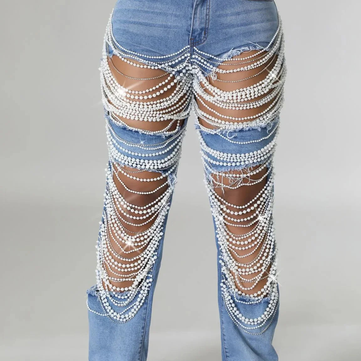 Women Fashion Pearl Beading Ripped Hollow Out Tassel Wide Leg Jeans 2024 New Summer INS Street Denim Pants Trousers