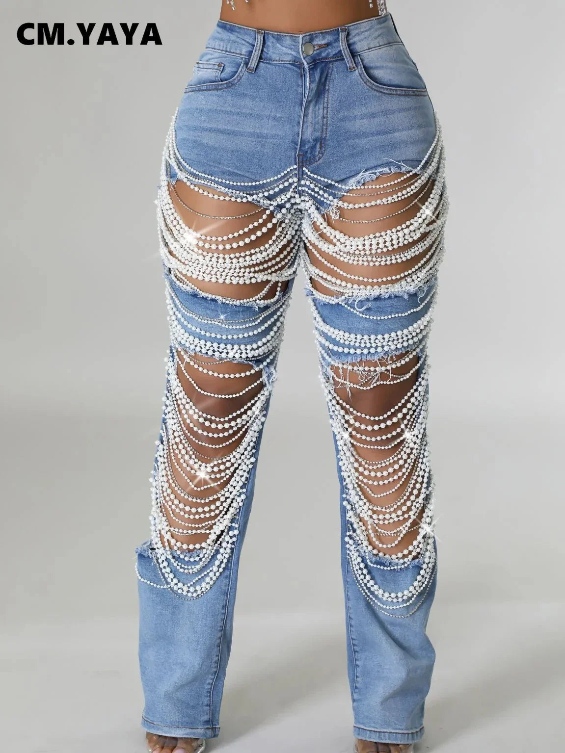Women Fashion Pearl Beading Ripped Hollow Out Tassel Wide Leg Jeans 2024 New Summer INS Street Denim Pants Trousers
