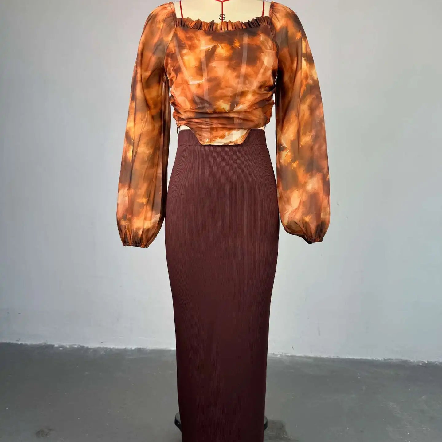 Fashion Elegant Mesh Printed Women Set Street Tops + High Waist Long Skirts Suits Party Birthday Two 2 Piece Sets Dress