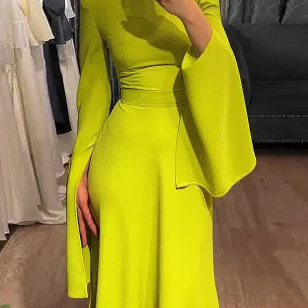 Onecozyday New Women Elegant Evening Dresses Ruffled Sleeve Turtleneck High Waisted Slim Fit Pleated Floor Length Dress Yellow Green