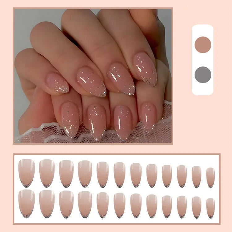 24pcs/set Short Medium fake nails for women girls gradient shiny glitters heart french Square almond tips Press on false nail 2330