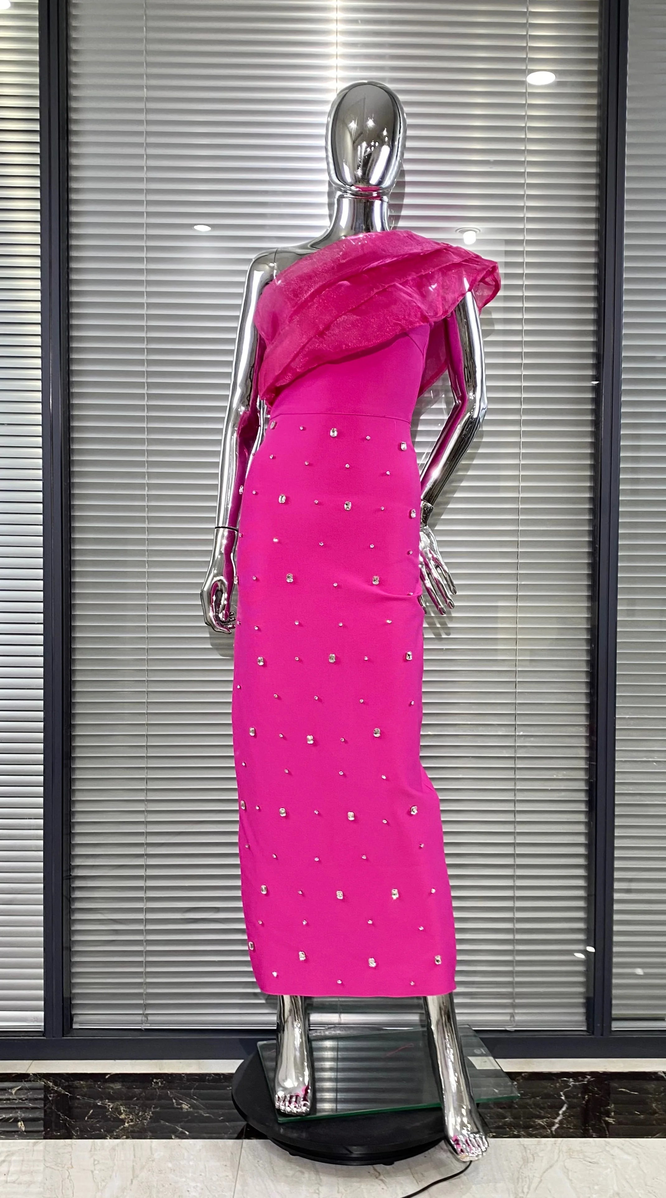 New 2 Colors Shining Diamonds Oblique Shoulder Ankle Length Bandage Dress Graceful Woman Party Dress Celebrity Party Vestido