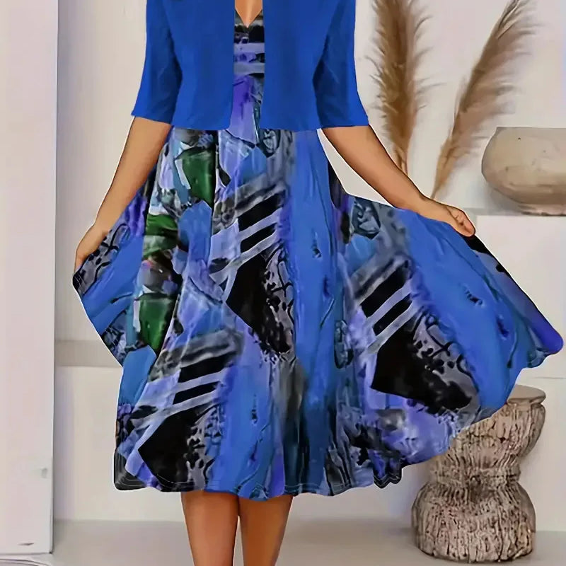 New for summer 2024! Eu-us Fall Women's 2 long Dress Set - floral and grass print crew neck dress with chiffon short coat ROYAL BLUE
