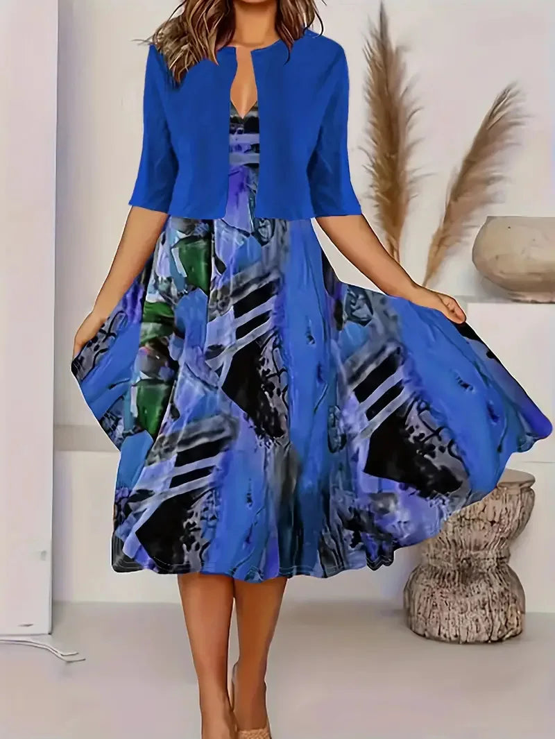 New for summer 2024! Eu-us Fall Women's 2 long Dress Set - floral and grass print crew neck dress with chiffon short coat ROYAL BLUE