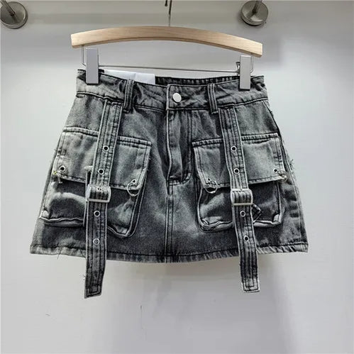 Retro Pink Large Pocket Denim Suit Spring Summer Sleeveless Short Vest High Waist Hip Wrapped Skirt 2 Pieces Sets Women Outfits Black skirt
