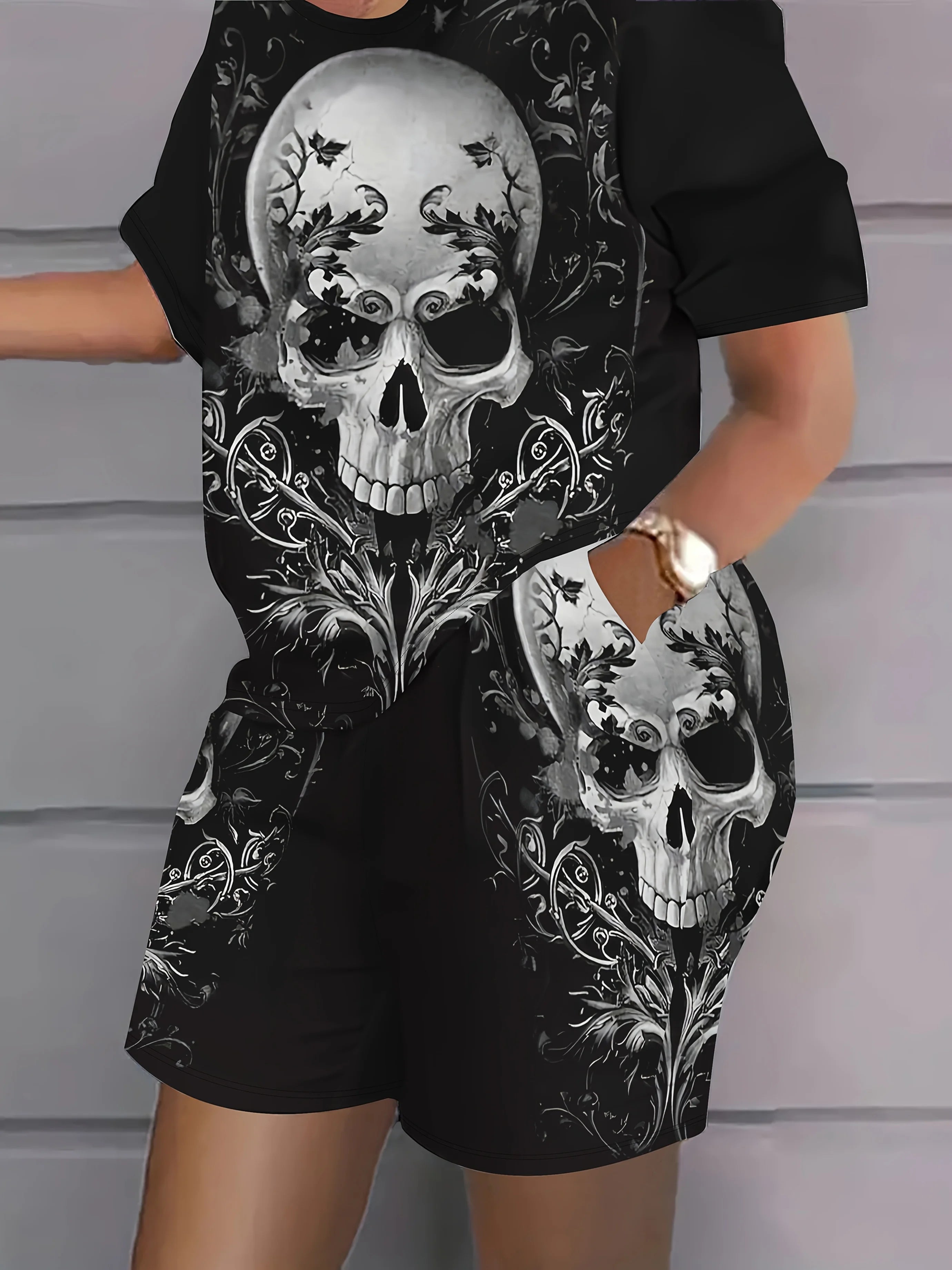 2025 Fashion Summer Women's Clothing Plus Size Ladies Loose and Comfortable 3D Skull Short Sleeve Round Neck T-Shirt Shorts Set TZ28773