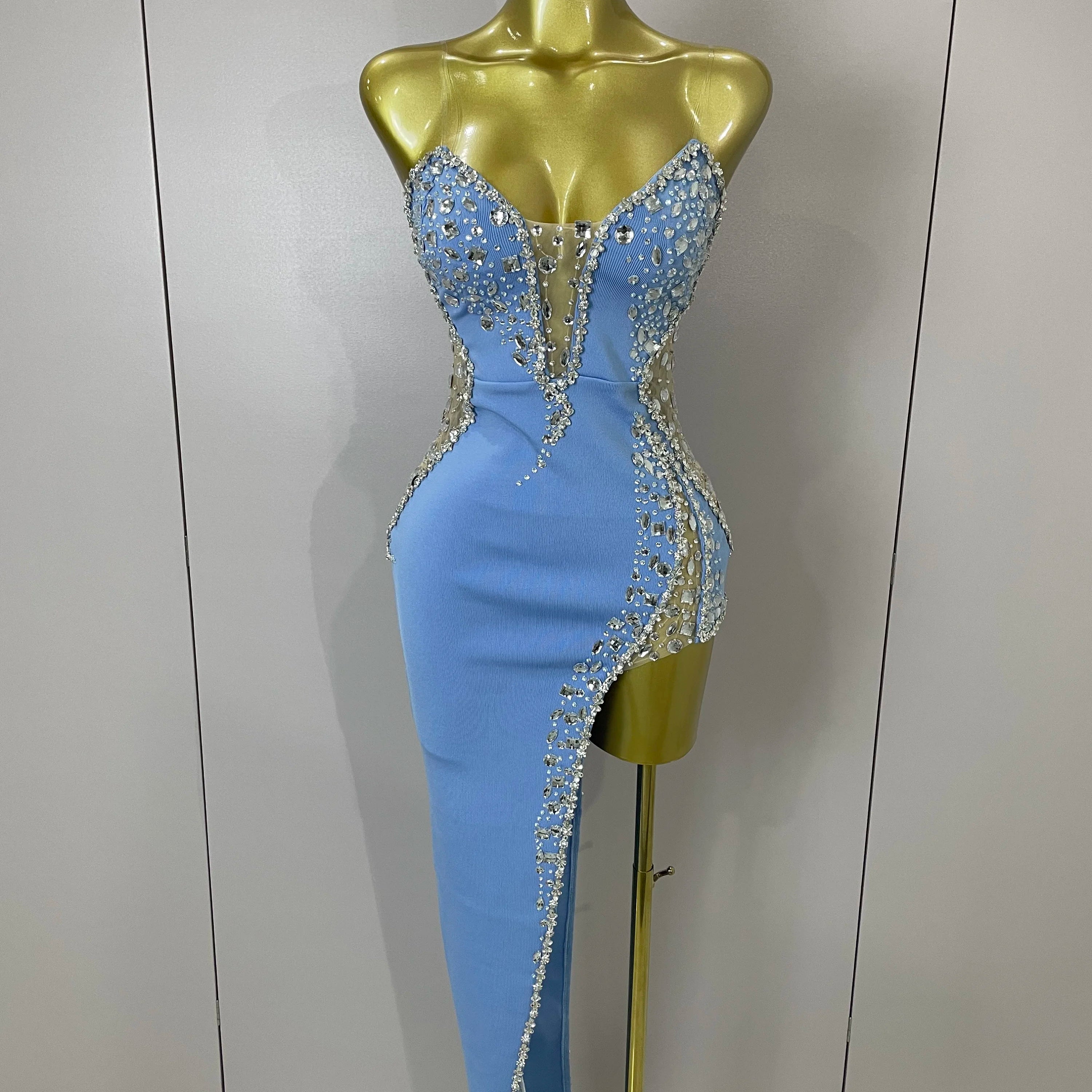Newest Sexy Strapless Shinning Rhinestones Bodycon Bandage Long Dress Women Fashion Celebrate Evening Party Vestido SKY BLUE