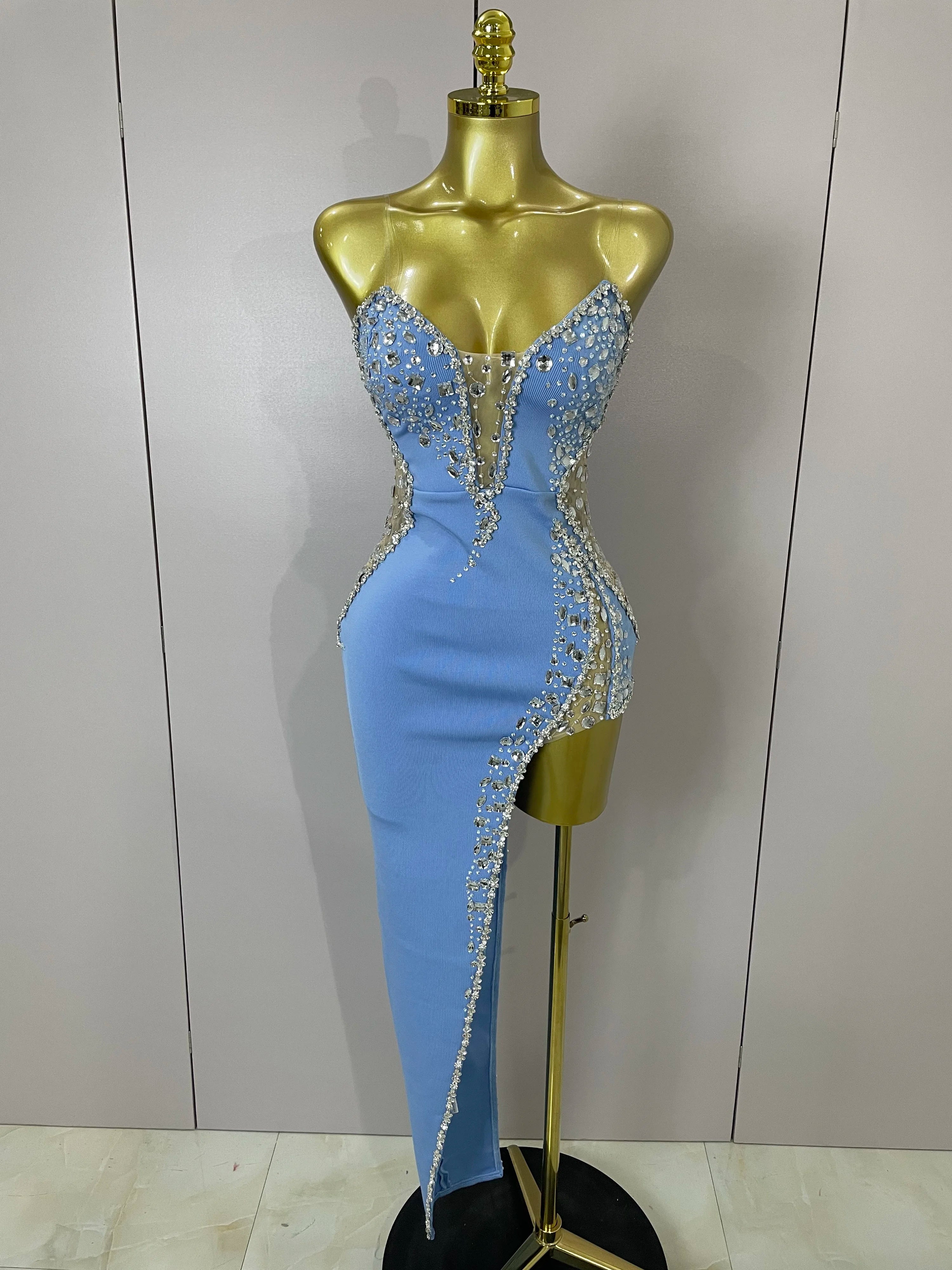 Newest Sexy Strapless Shinning Rhinestones Bodycon Bandage Long Dress Women Fashion Celebrate Evening Party Vestido SKY BLUE
