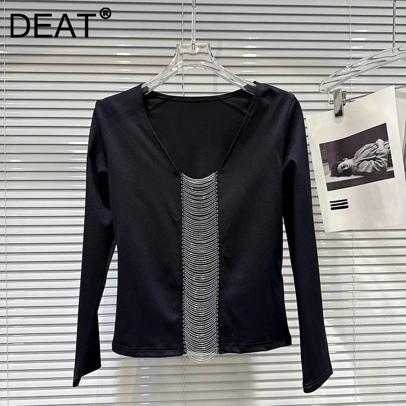 Winter New Fashionable Style V-Neck Beaded Tassel Design Long Sleeve T-Shirt For Women Versatile Tops Female 11A07950