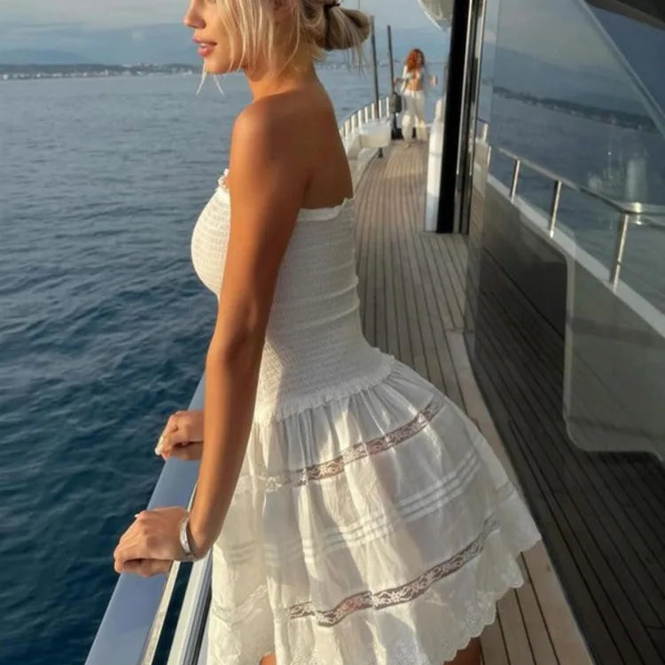 Off-shoulder Strapless A-line Sexy Mini Dress For Women Fashion Lace Sleeveless Backless High Waist Club Party Dress