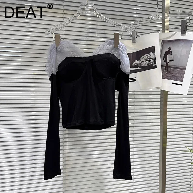 Winter New Fashion Sweet Mesh Patchwork Design Chest Pad Long Sleeve T-Shirt For Women Slim Fit Tops Female 11A07751