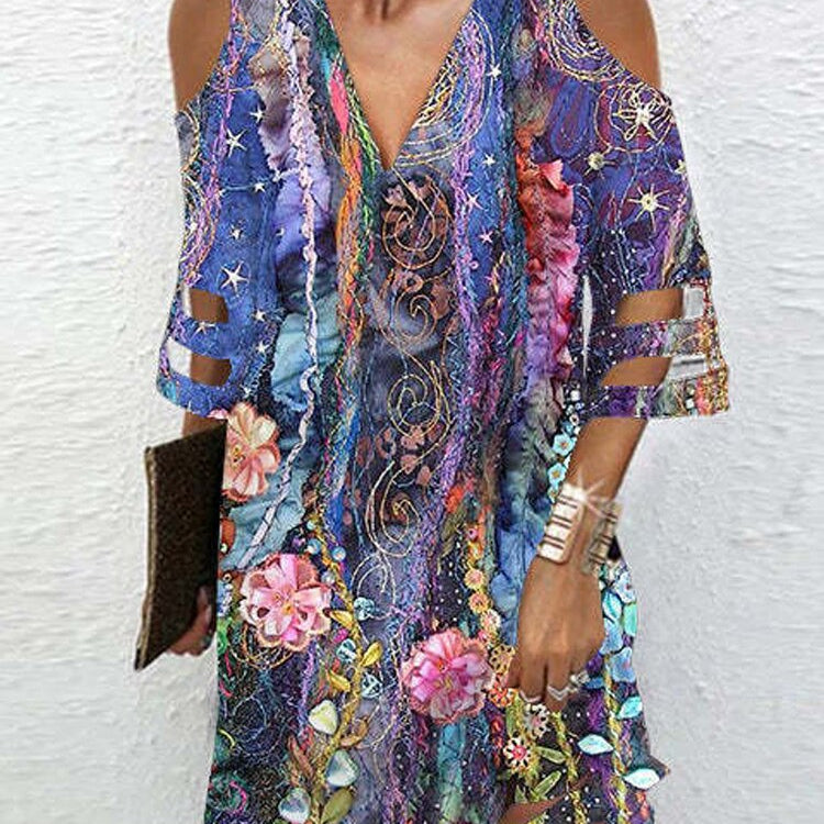 Sundress Bell Sleeve Casual Dress Paisley Print Vintage Floral Summer Loose Short Dress Purple