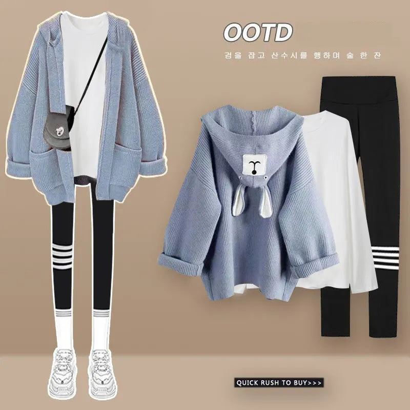 Women's 2024 Autumn New Matching Set Korean Elegant Hoodie Knitted Coat+Long Sleeve+Shark Pants Three Piece Female Clothing Suit Blue Set