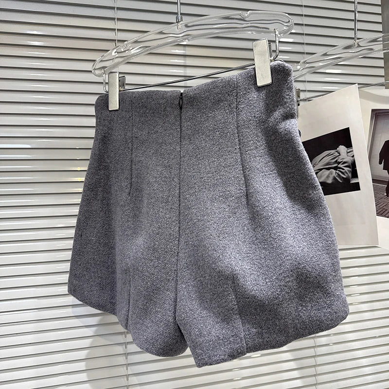 Winter New Fashion Ribbed Button Gray Woolen High Waist Shorts For Women Versatile Boot Short Pants Female 11A07667