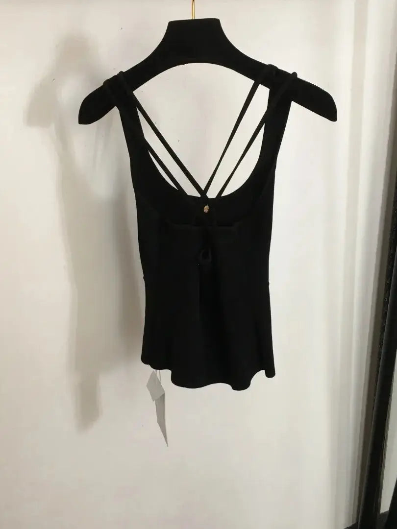 Summer New Knitted Short Tank Top Cross Strap Minimalist Design Tight and Elegant Inner Layer Top Metal embellishments black One Size