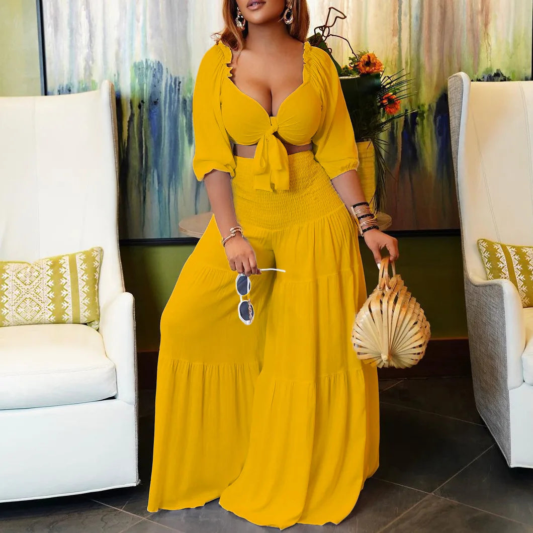 Plus Size Summer 2 Two Piece Set Women Bodycon Sexy Fashion Ladies Cropped Blouses Wide Leg Loose Pleated Woman Long Pant Yellow