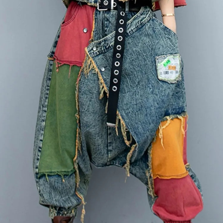 LYUZHE Individuality Fashion Patchwork Denim Jeans Women Spring Autumn New Color Contrast Vintage Loose Pant ZXF986A