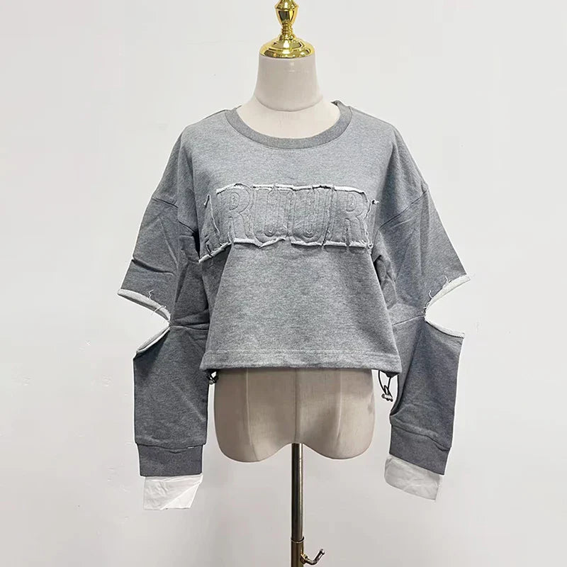 Colorblock Casual Two Piece Sets For Women O Neck Long Sleeve Top High Waist Pant Chic Set Female Fashion Clothing GRAYTOP