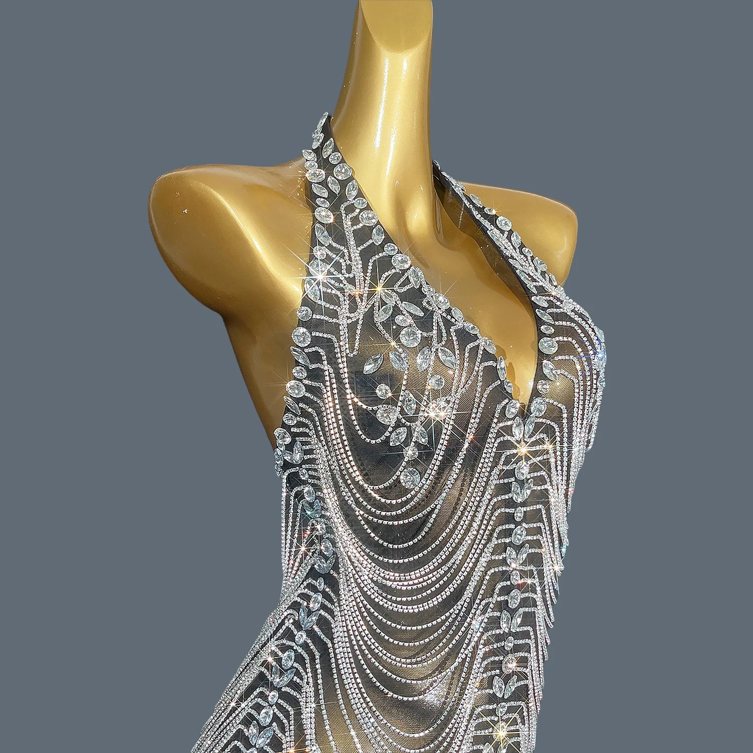 Sparkly Rhinestone Backless Evening Dress Mid-Calf Dinner Party Dress Sleeveless High Side Slit Club Gown for Women Star Heiwan