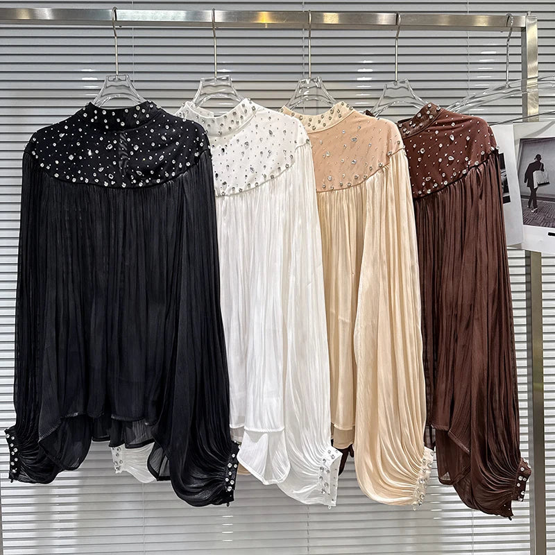 Winter New Fashion Diamond Design Loose Heavy Chiffon Blouse For Women Casual Versatile Shirts Female Trend 11A07689