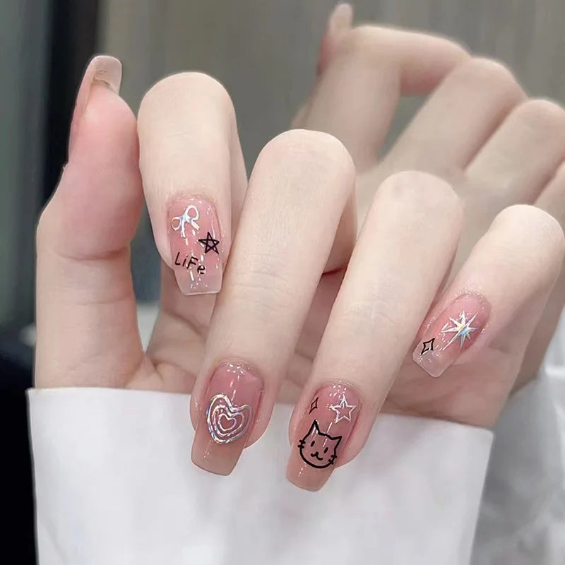 24Pcs Pink False Nails with Glue Ballerina Full Cover Nail Tips Simple Fake Nail with Star Rabbit Design Wearable Press on Nails 812