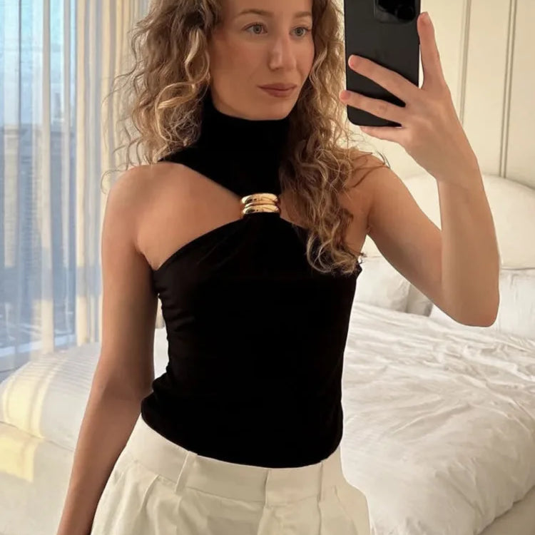 Mozision Turtleneck Basic Knit Tank Tops Women Vest Pullovers Metal Ring Camisole Sleeveless Skinny Knitted Tops Y2K Cropped Top