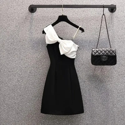 Black Sexy Strap Dress Women Bowknot Fashion Sleeveless High Waist Short Dress Diagonal Collar Elegant Summer Dress Female black