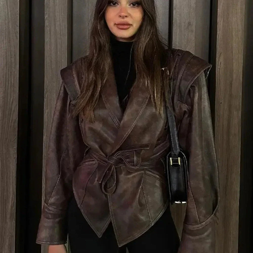 Pu motorcycle Coat Faux Leather Jacket for Women Spring Autumn Fashion Vintage V Neck Female High Street Casual Ladies Outwear