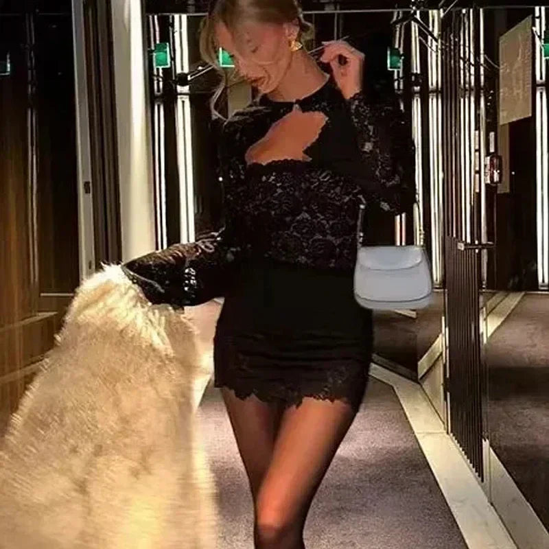 TRAF Lace Hollow Dresses Female Dresses Sumemr Mini Black Transparent Slim Lace Two Piece Set Dresses Coquette Prom Dress Luxury