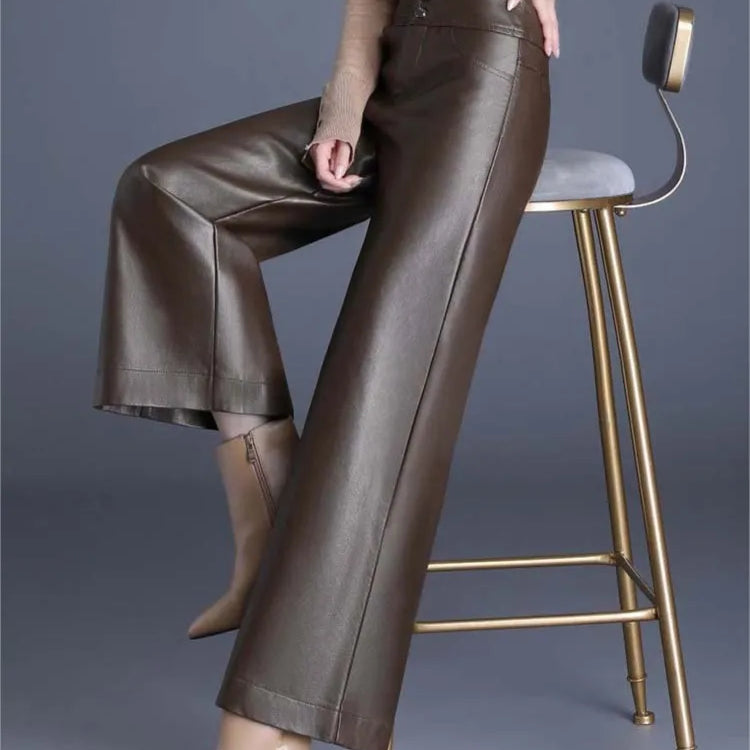 ZUZK Women PU Leather Wed Leg Pants Autumn Winter Fashion Warm Long Leather Pants Elegant LeatherTrousers