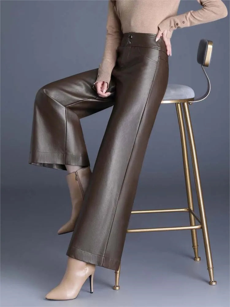 ZUZK Women PU Leather Wed Leg Pants Autumn Winter Fashion Warm Long Leather Pants Elegant LeatherTrousers