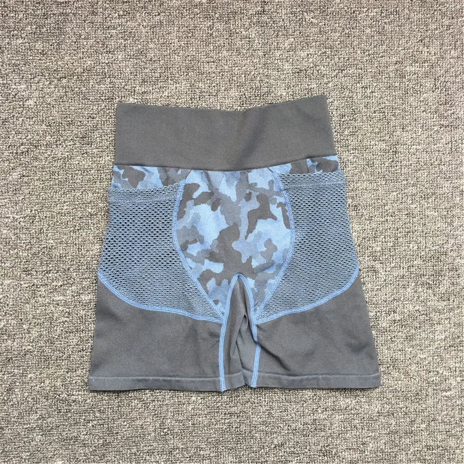 1PCS Camouflage Set Women Yoga Suit Sport Set Gym Workout Clothes Long Sleeve Fitness Crop Top High Waist Seamless Camo Leggings blue shorts