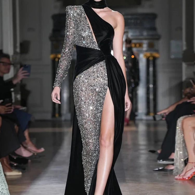 Sexy Sequin Patchwork Design Long Dress Halter Neck Draped One Shoulder Long Sleeve Split Maxi Evening Party Gowns