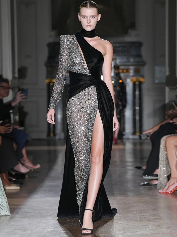 Sexy Sequin Patchwork Design Long Dress Halter Neck Draped One Shoulder Long Sleeve Split Maxi Evening Party Gowns