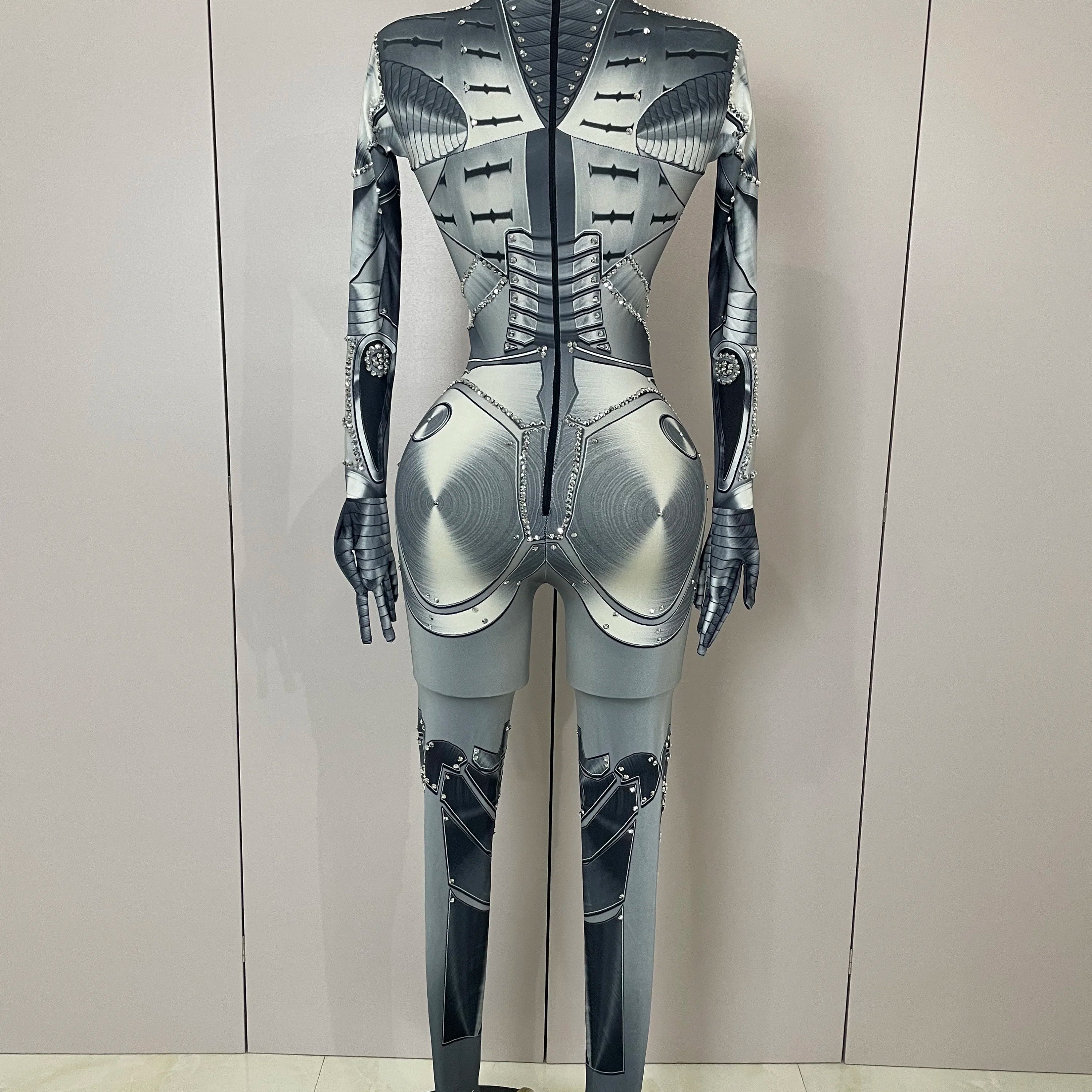 2025 New Trendy Women Sexy Rhinestones Printed Skinny Jumpsuit High Street Performance Dance Costume Bar Club Show Stage Wear